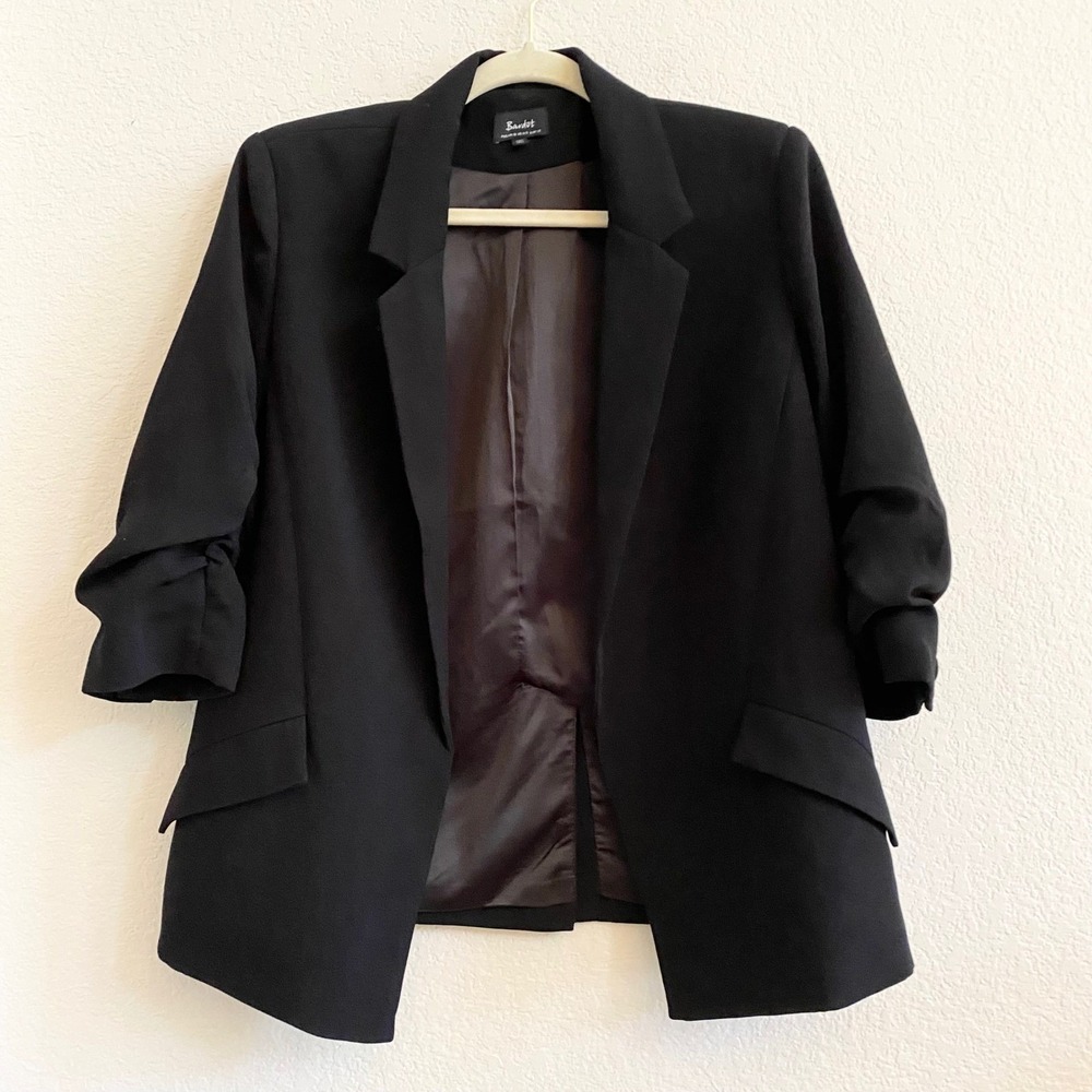 Bardot Black Ruched Sleeve Open Front Blazer Jacket Women US 6